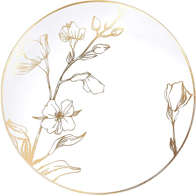 PLASTICPRO White Plastic Floral Design Party Plates With Gold Rim Premium heavyweight Elegant Disposable Tableware Dishes (120, 7'' INCH PLATES)