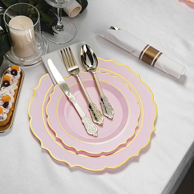 350PCS Pink Plastic Plates, Gold Plastic Dinnerware Sets for 50 Guests, Include 100 Disposable Plates, 50 Cups and 50 Pre Rolled Napkins for Mother's Day, Party and Wedding