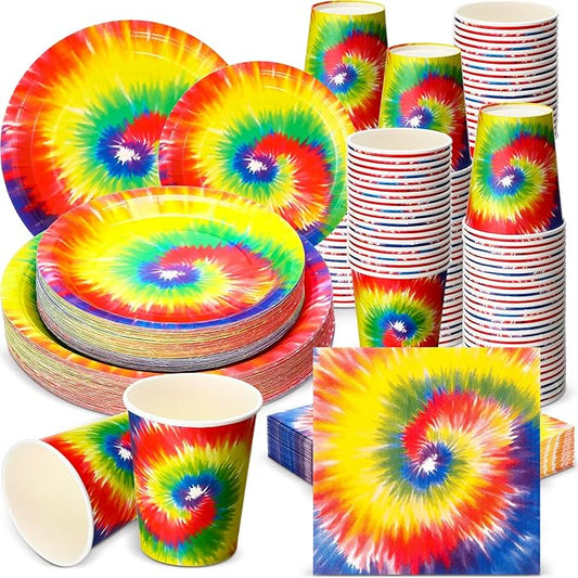 Mimorou 240-piece Tie Dye Party Supplies – 60 Plates, Cups & Napkins Set – Colorful Birthday Tableware for 60 Guests – Fun & Vibrant Party Decor