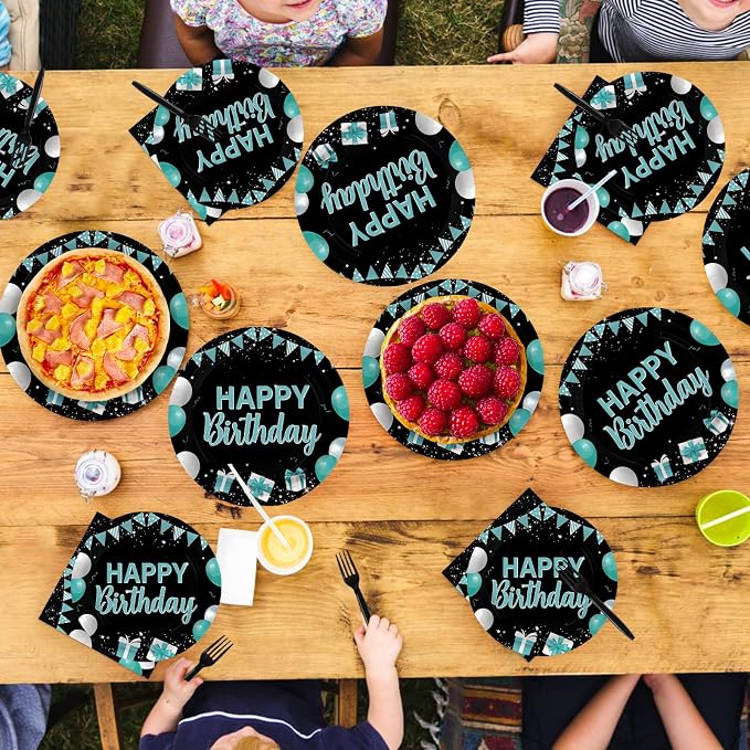 96 Pcs Happy Birthday Party Supplies Teal Blue and Black Decorations 350 GSM Disposable Turquoise Birthday Party Plates and Napkins Set Teal Blue Black Decorations for Graduations Kid Adults Serves 24