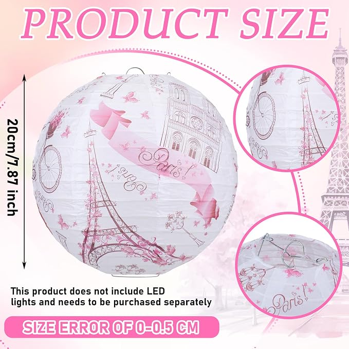 Panelee 12 Pcs Paris Party Decorations Eiffel Tower Pink Paper Lanterns 8 Inch Hanging Round Hanging Paper Party Decorations for European City Landscape Theme Ceiling Holiday Decor Supplies