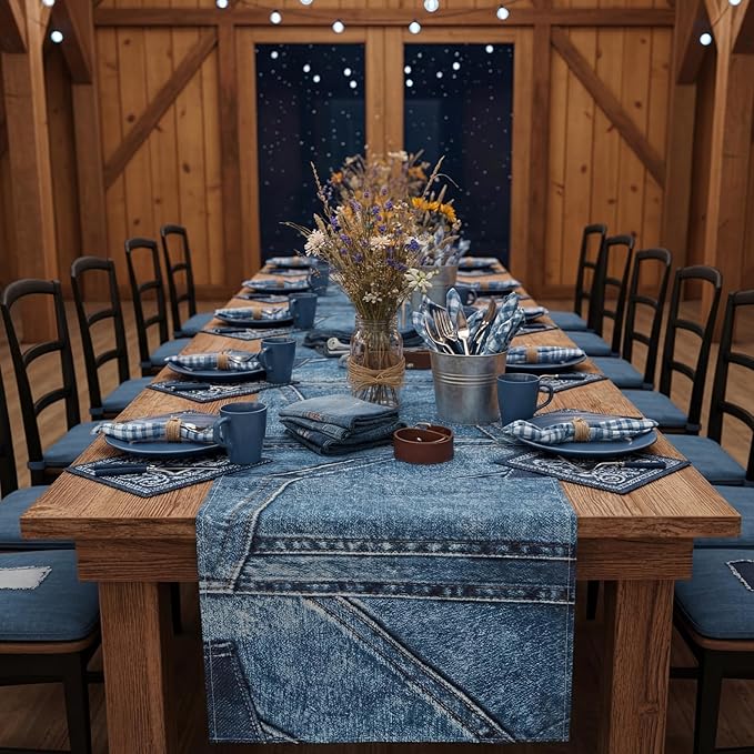 Mindsoft 6 Pcs Blue Jean Table Runners 72 Inches Blue Jean Baby Shower Decorations Denim Jeans Decorative Table Runners for Denim and Diamonds Bachelorette Engagement Wedding Decor Celebration