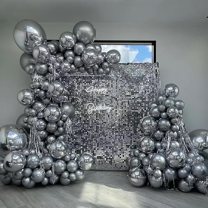 412pcs Metallic Silver Balloon Garland Arch Kit 18 12 10 5 Inch Different Sizes Latex Chrome Balloons for Baby Shower Birthday Graduation Wedding Anniversary Celebration Party Decoration