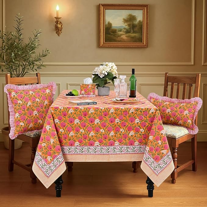 Ridhi Bubblegum Pink Hand Block Print Cotton Rectangle Tablecloth 120" x 80" inches Reusable Table Cover Decorative Everyday Use for Dining Room, Farmhouse, Home Gift for Spring, Mother's Day