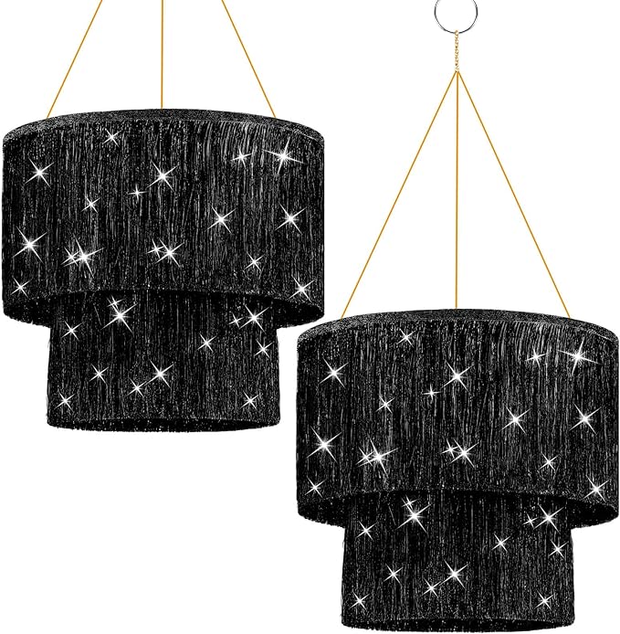 Novabright 2 Pcs 2 Tier Fringe Tinsel Chandelier Foil Iridescent Tassels Trim Shiny Hanging Disco Ball Ceiling Decor for Wedding Anniversaries Birthday 1920s Themed Party(Black)