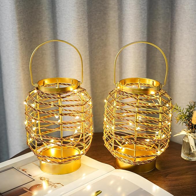 Set of 6 Battery Operated Table Lamp 7.7 "H Metal Cage LED Cordless Lamp with 6-Hour Timer, Vintage Decorative Fairy Lights Lantern for Indoor/Outdoor Bedrooms Weddings Parties Patio Events