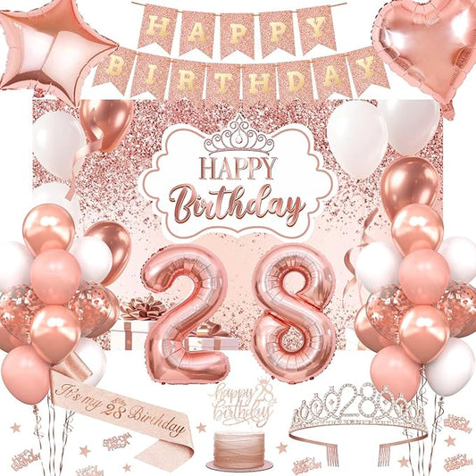 28th Birthday Decorations for Women, 52pcs Sweet Rose Gold Happy 28 Birthday Decorations Including 28th Rose Gold Crown, Sash, Banner, Background for 28 Party Decorations Set