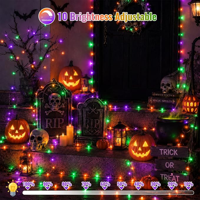 QITONG 2 Pack Battery Operated Halloween Lights, Each 33ft 100 LED Purple Orange and Green String Lights Outdoor Waterproof with Remote, Clear Wire Christmas Twinkle Lights with 8 Modes Indoor