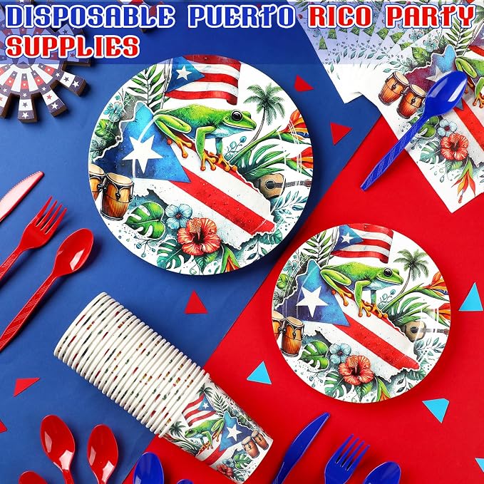 FoldTier 175 Pcs Puerto Rico Party Supplies Disposable Paper Plates Napkins Cups Puerto Rico Theme Birthday Party Decorations Tableware Flag Frog for Holiday Festival Family Serve 25 Guests