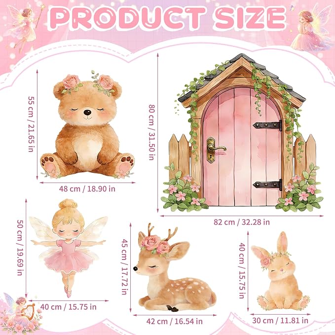 5Pcs Pink Fairy First Birthday Decorations, Large Bunny Bear Deer Fairy House Cardboard Cutout, Woodland Fairy Baby Shower Photo Booth Prop Princess Birthday Party Outdoor Indoor Decor