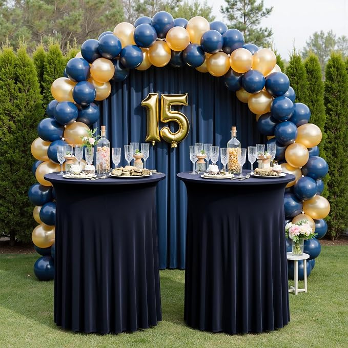 2 pk Navy Blue Cocktail Table Cloth Round 32×43in-High Top Highboy Bar Cocktail Tablecloths-Wrinkle Free Stretchy Fitted Spandex Table Covers with Ruffle Desk Skirt for Wedding Banquet Party Tables