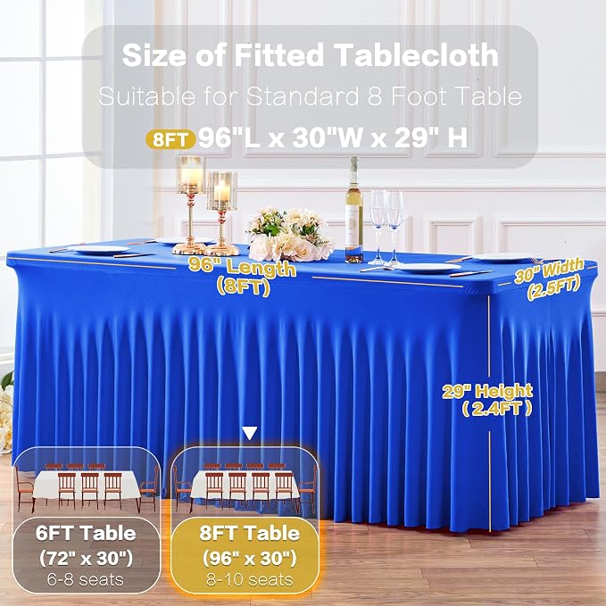 gogoparti 6 Pack Spandex Royal Blue Fitted Table Cloth for 8ft Rectangle Tables Blue Tablecloth Stretch Table Covers Banquet Wrinkle Free Tablecloths Skirt for Parties Wedding