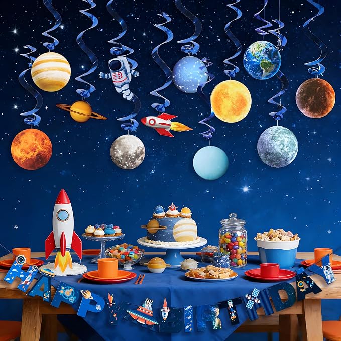 SUNBEAUTY Solar System Birthday Party Decorations Outer Space Happy Birthday Banner Planet Rocket Astronaut Hanging Swirls for Kids Baby Shower First Trip Around The Sun School Supplies
