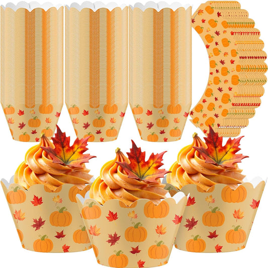 Domensi 100 Pcs Fall Pumpkin Maple Leaf Cupcake Wrappers Rustic Cupcake Liners Thanksgiving Baking Cups Baking Liners for Autumn Wedding Bridal Baby Shower Birthday Party Supplies Dessert Decoration