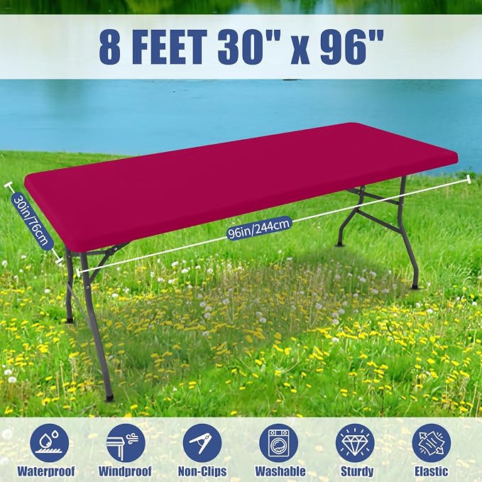Moosfor Spandex 8 Foot Rectangle Table Cloth 6 Pack, Elastic Fitted Tablecloths for Picnic, Stretch Washable Patio Table Cover for Outdoor, Camping, Banquet and Parties (Fuchsia, 30"x96")