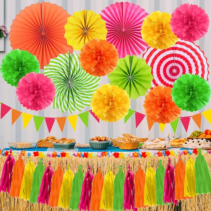 Hawaiian Luau Party Decorations Set Neon Colored Party Hanging Paper Fan Birthday Tissue Pom Poms Streamers Summer Party Supplies Tassel Garland Banner