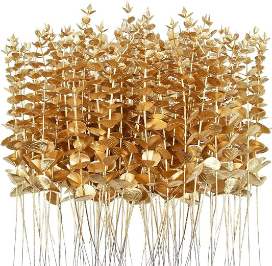 96 Pcs Gold Eucalyptus Stems Faux Greenery Leaves Bulk Artificial Eucalyptus Stems 15 inch with Gold branchs Decor for Wedding Bouquet Centerpiece Home Decoration