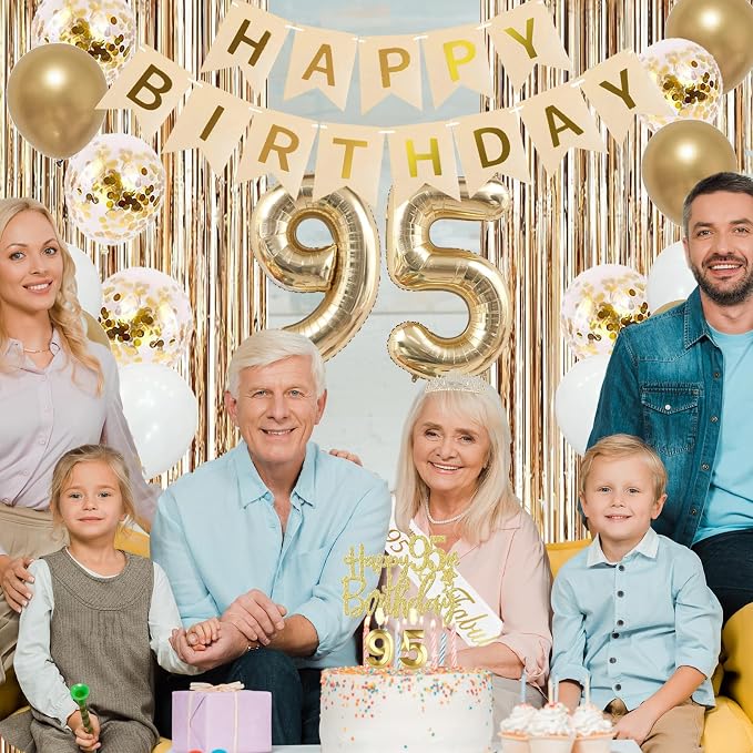 Trgowaul 95th Birthday Decorations for Women, Banner, Sash and Crown, Cake Topper, 95 Number Balloon, Fringe Curtains, Champagne Gold 95th Birthday Party Supplies