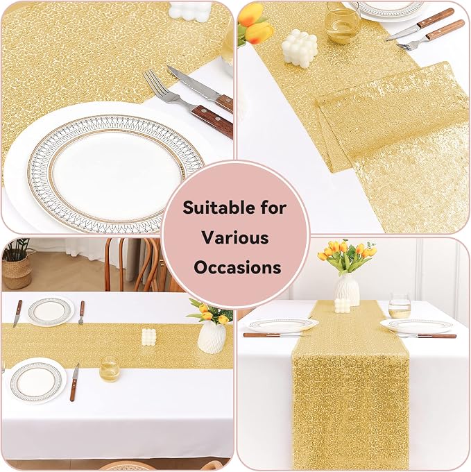 Sugargirl 10 Packs 12 x 72 inches Sequin Table Runner, Glitter Gold Table Runner for Birthday Party Supplies Wedding Holiday Celebration Event Decorations