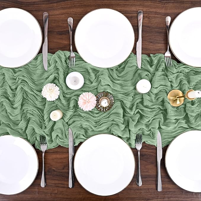 24 Pack Sage Green Cheesecloth Table Runner,10FT Boho Gauze Table Runner,35x120inch Rustic Table Runners for Wedding Party Bridal Shower Thanksgiving Christmas Boho Table Decoration