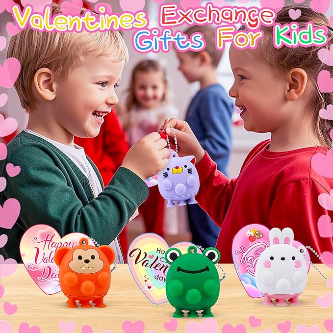 Valentines Day Cards for Kids School , 24PCS Animal Pop Suction Toys with Valentines Cards for Kids Classroom, Valentines Party Favors for Boys Girls