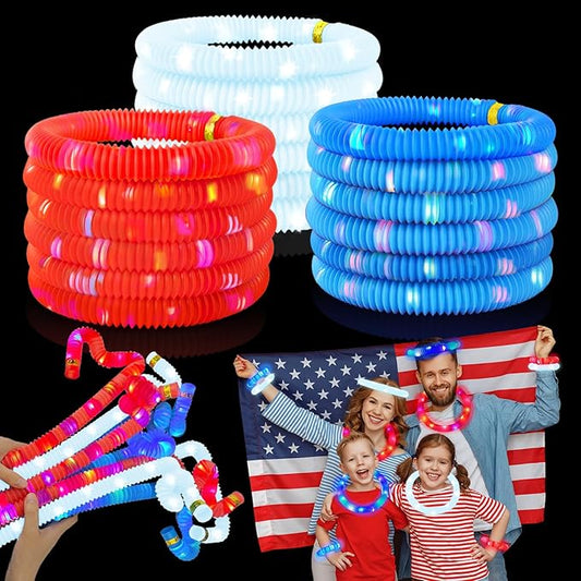 4th of July Red White Blue Glow Sticks 12 PCS,Fourth of July Light Up Bracelets Necklaces Accessories for Kids,250th Anniversary Patriotic Party Favors,Parade Toys Stuff for Memorial Independence Day