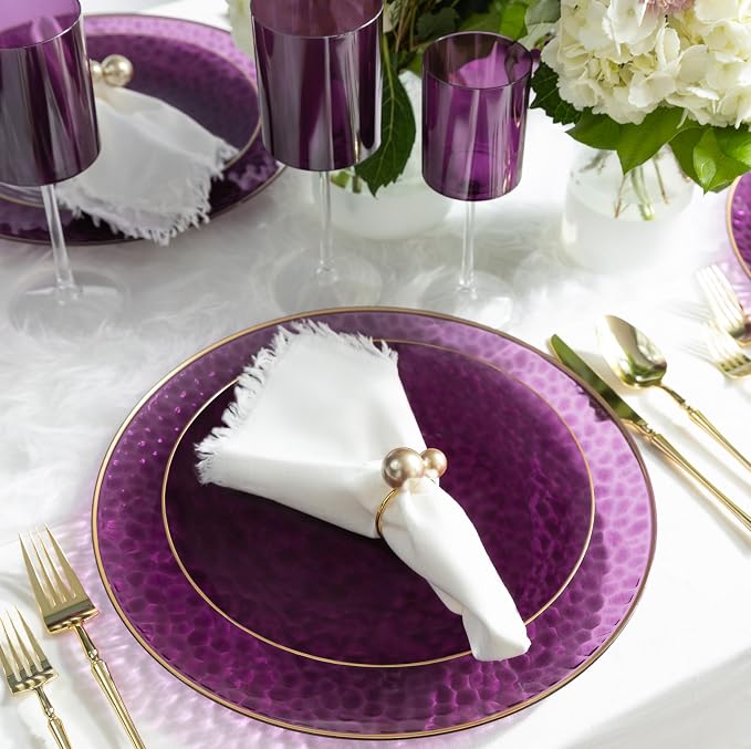 PLASTICPRO 32 Piece Combo Plates Set includes 16-7'' inch Plates & 16-10'' inch Plate Purple Hammered Plastic Party Plate Premium heavyweight Elegant, Disposable, Tableware, Dishes,