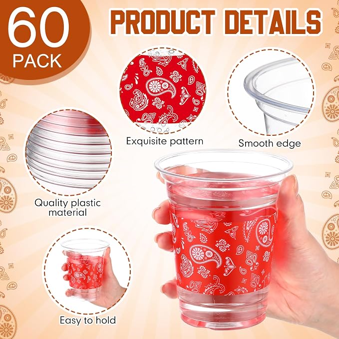 Funnymoom 60 Pack Western Cowboy Cups 12 oz Red Bandana Disposable Clear Plastic Cups for Western Cowboy Birthday Party Decoration Supplies