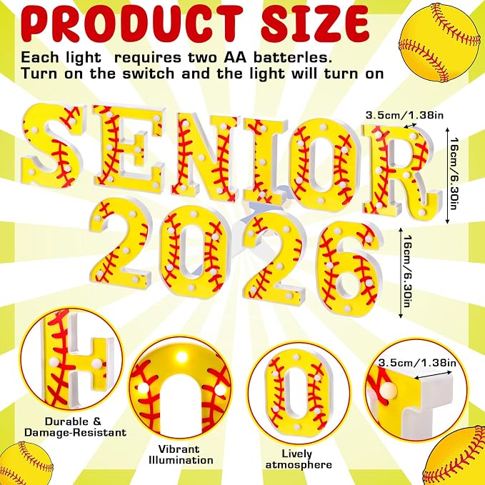 Honoson 10 Pcs Softball 2026 Senior Night Decorations Lights up 2026 Senior Sign Softball Graduation Theme Party Lights for High School College Grad Party Supplies