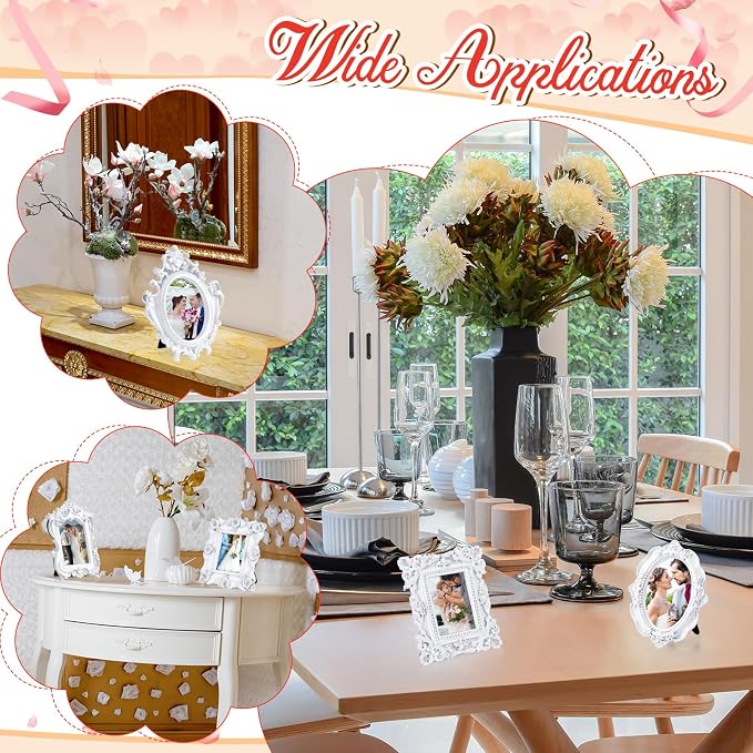 Maitys 50 Pcs Mini Picture Vintage Frames with Stands Tiny Antique Photo Baroque Ornate Resin Oval Frame Table Top Display Home Wedding Decor (White)