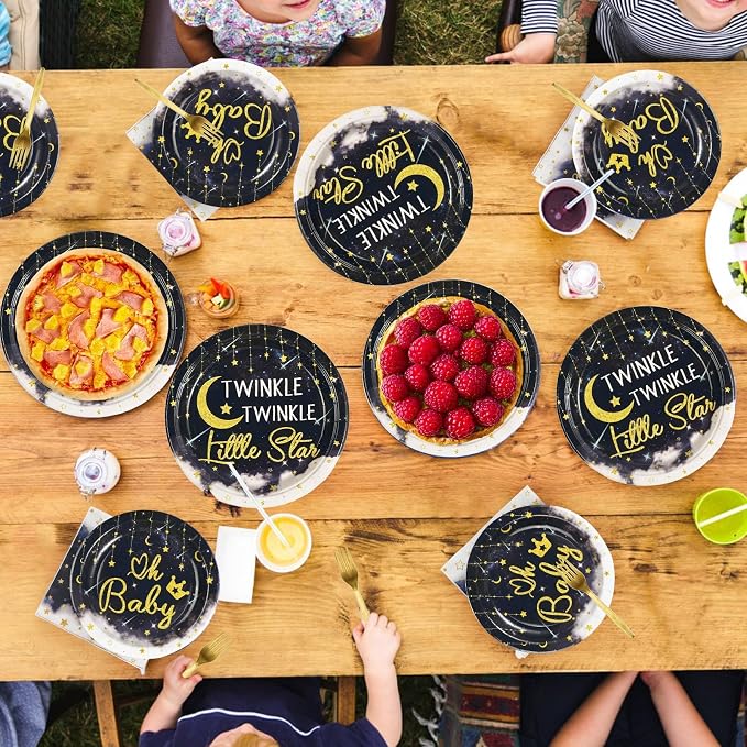 96Pcs Twinkle Twinkle Little Star Party Decoration Star Moon Baby Shower Plates and Napkins Navy Blue Gender Reveal Tableware Set for Boys Girls Baby Shower Celestial Birthday Party Supplies Serves 24