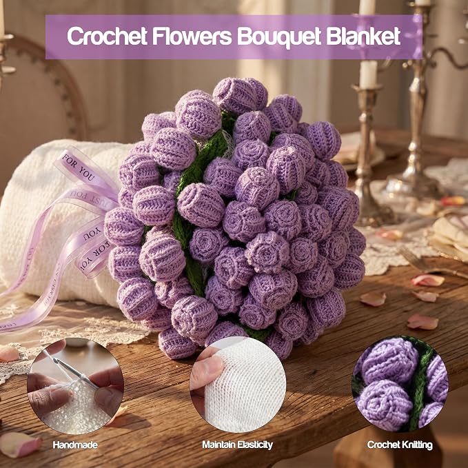 Handmade Knitted Crochet Flower Bouquet Blanket 63in, Birthday Gifts for Women, Anniversary, Wedding, Romantic Gifts for Wife Girlfriend Mom Sister Friends, Throw Blanket, Home Decor