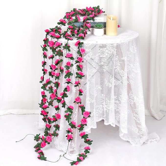 KHOYIME 9 Pack 72 FT Artificial Flower Garland, Fake Hot Pink Roses Vines Silk Flowers Faux Plastic Outdoor Hanging Floral Ivy Garland Decoration for Wedding Arch Bedroom Home Wall Backdrop Room Decor