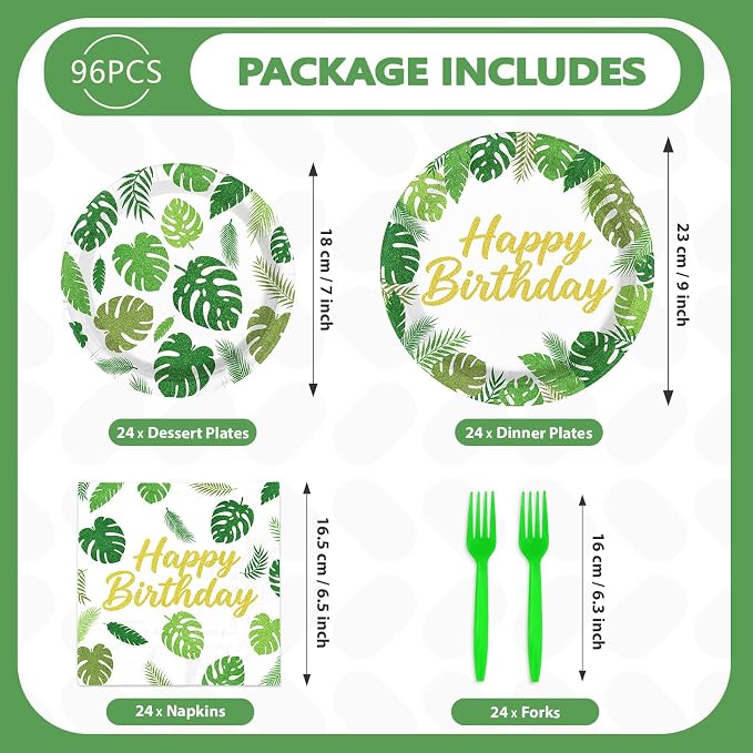 96Pcs Tropical Leaf Birthday Decorations Monstera Palm Leaf Plates and Napkins Hawaiian Luau Tableware Set for Birthday Hawaiian Summer Pool Beach Baby Shower Party Supplies, Serves 24