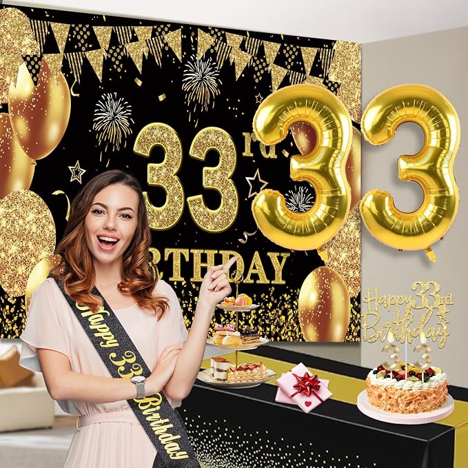 33rd Birthday Decorations Men Women with 33rd Birthday Banner, Black and Gold Table Cloth, Number Balloons, Large Sash, Cake Topper and Candles