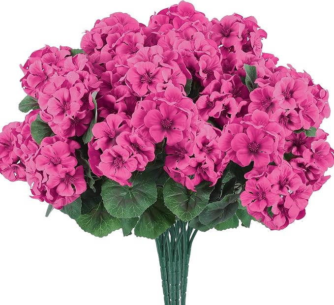 Hananona 12 Pcs Artificial Geranium Flowers for Outdoors Geranium Silk Flowers Outdoor UV Resistant Garden Plants Faux Flowers for Home Kitchen Table Centerpieces Decor (12, Rose Red)