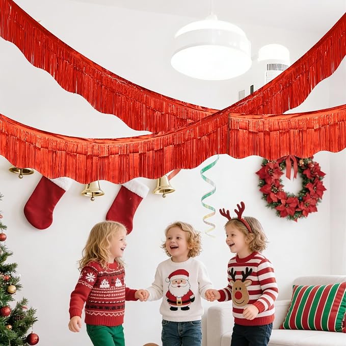 LOLStar Red Foil Fringe Tinsel Garland, Tinsel Streamers Banner, 6 Pack | 60Ft Tinsel Streamers, Shiny Red Wall Hanging Tinsel Fringe Banners for Valentines Day, Parade Float, Christmas Party Decor