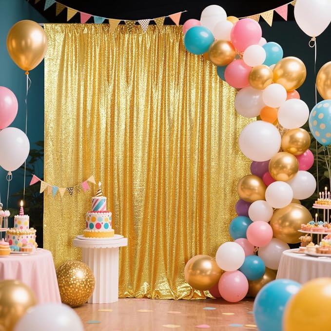 SquarePie 6x6ft Gold Sequin Backdrop for Photography, Satin-Backed Real Sequin Curtain, Enhanced Coverage Shimmering Background with 4" Rod Pocket for Wedding, Birthday, Party Decor, 1 Panel