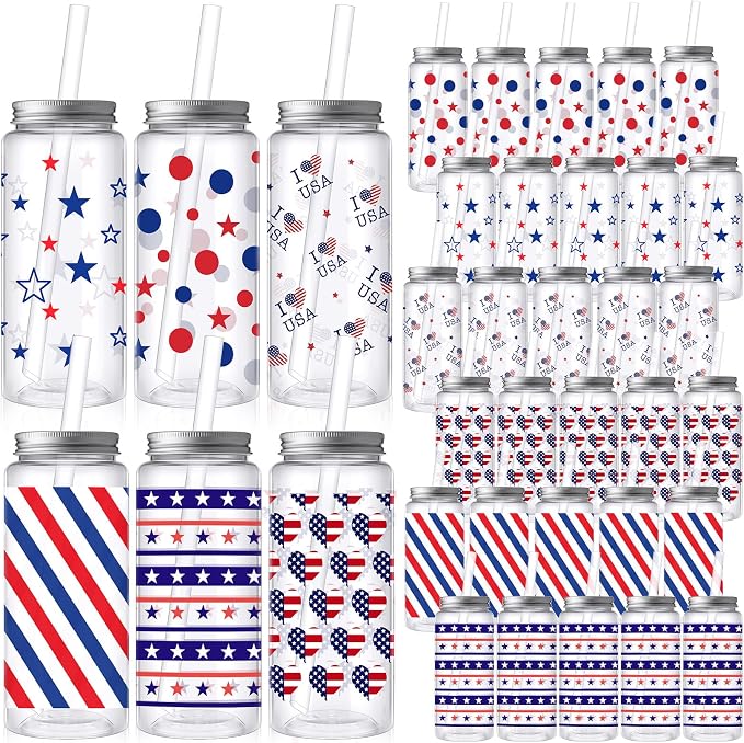 Skylety 30 Pcs 4th of July Plastic Cups with Lids and Straws 13.5 oz Independence Day Plastic Cups Reusable Cute Tumbler for 250th Anniversary 4th of July Party Favor Patriotic Supplies