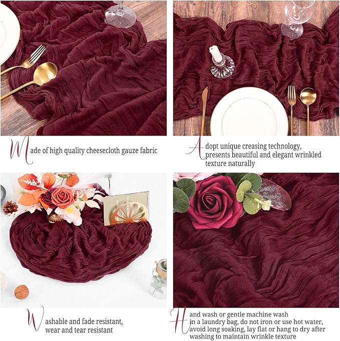 15 Pack Burgundy Table Runners 17 x 108inch Cheesecloth Table Runner Boho Gauze Table Runner Rustic Sheer Fabric Cheese Cloth Table Runners for Wedding Party Bridal Shower Farmhouse Thanksgiving Decor