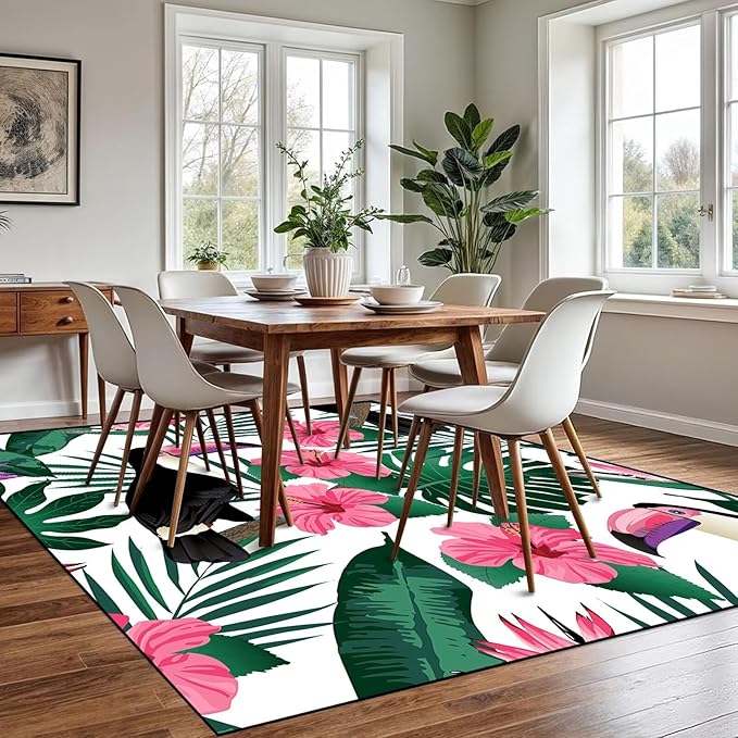 6' x 9' Jungle Living Room Rug Animal Floor Mat Botanical Woodland Floral Birds Carpet Indoor Dining Room Bedroom Porch Playroom Nursery Doormat Room Decor
