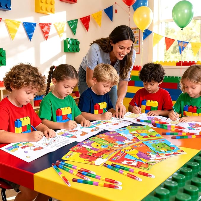 BenLouis 24 Building Block Mini Coloring Books Kids with 24 Stacking Crayons Geometric Shapes Party Favors Activity Books Bulk for Kids Building Goodie Bag Gift Stuffer Classroom Reward