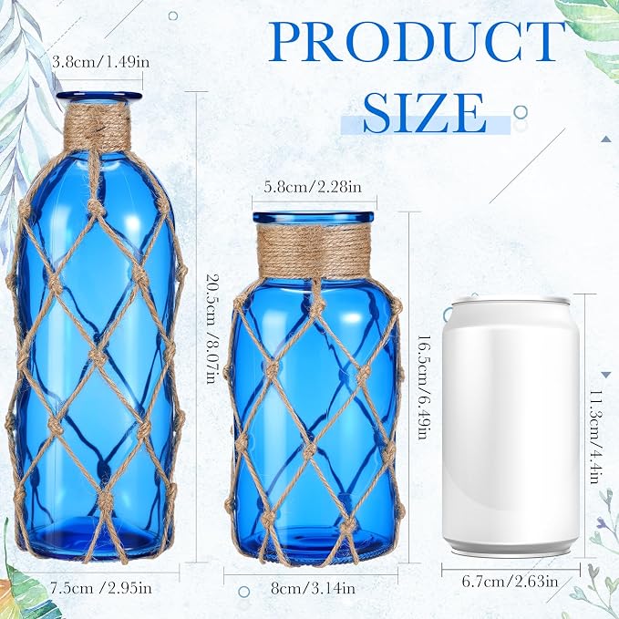Chuangdi Set of 2 Coastal Glass Vases for Flowers TSITP Flower Vase with Boho Rope Small Sea Glass Jar Nautical Beach Bottle for Wedding Table Centerpieces Floral Arrangement Decor(Cobalt Blue)