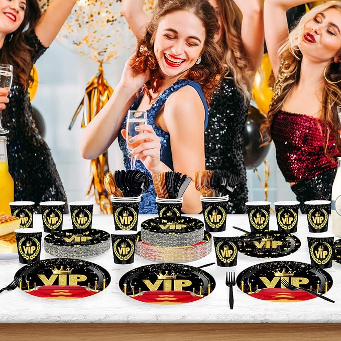 168Pcs Vip Party Decorations Movie Star Red Carpet Plates Napkins Cups Forks Knives Spoons Tableware Set Red Black Cine Film Show Celebrity Activity Graduation Prom Birthday Party Supplies Serves 24
