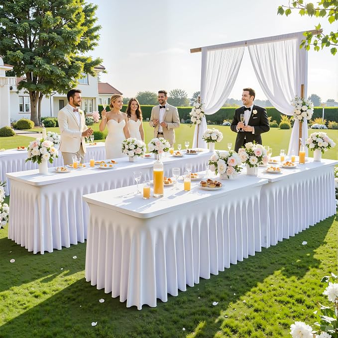 4 Pack 6ft White Spandex Tablecloths for Rectangle Tables Wrinkle Free White Rectangle Table Cloth, Stretch Fitted Table Cover with Skirt for Wedding Birthday Party Banquet Baby Shower Buffet Event
