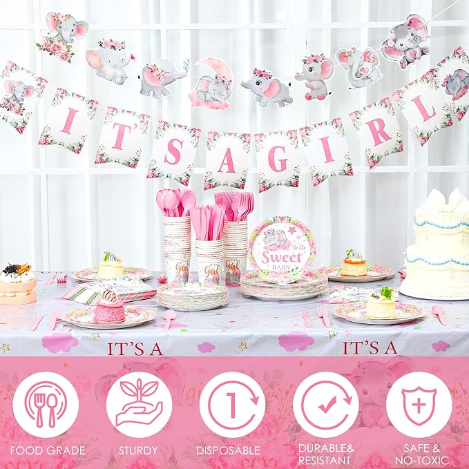 405 Pcs Pink Elephant Style Baby Shower Decorations for Girl, It's a Girl Tableware Set Baby Shower Plates Napkins Cup Cutlery, Pink Elephant Party Supplies with Tablecloth, Serves 50 Guests