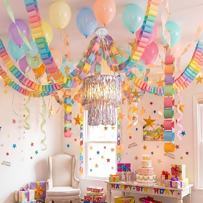 Blueweenly Fancy Princess Birthday Party Decorations Paper Chain Garland Strip Ceiling Party Classroom Decor Crepe Streamer Glitter Star Chandelier Balloons for Wedding Birthday(Macaron,Large,5 Pcs)