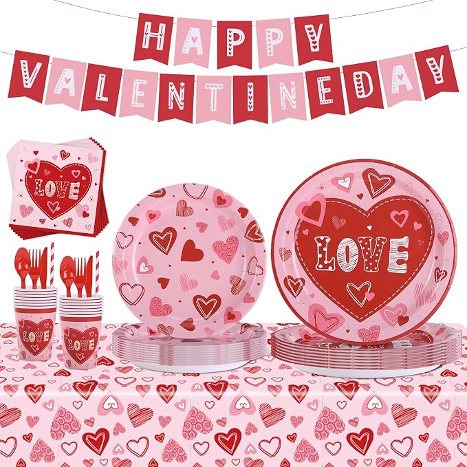 Valentine's Day Heart Love Disposable Tableware Set 194 Pcs Serves 24, Romantic Paper Plates Cups Napkins Forks Spoons Knives for Valentine’s Day Party, Wedding Reception, Anniversary Dinner Supplies