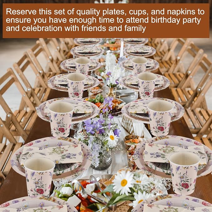 Ziliny 250 Pcs Wildflower Party Decorations Include Spring Summer Floral Paper Plates Napkins and Cups for Wildflower Baby Shower Tea Decorations, Serve 50 Guest(Multicolor,Rustic Style)