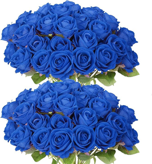 50 PCS Royal Blue Roses, Faux Blue Rose Bouquet, Silk Rose with Stems for DIY Wedding Flowers Decoration, Valentines Day Mothers Day, Wedding Decoration
